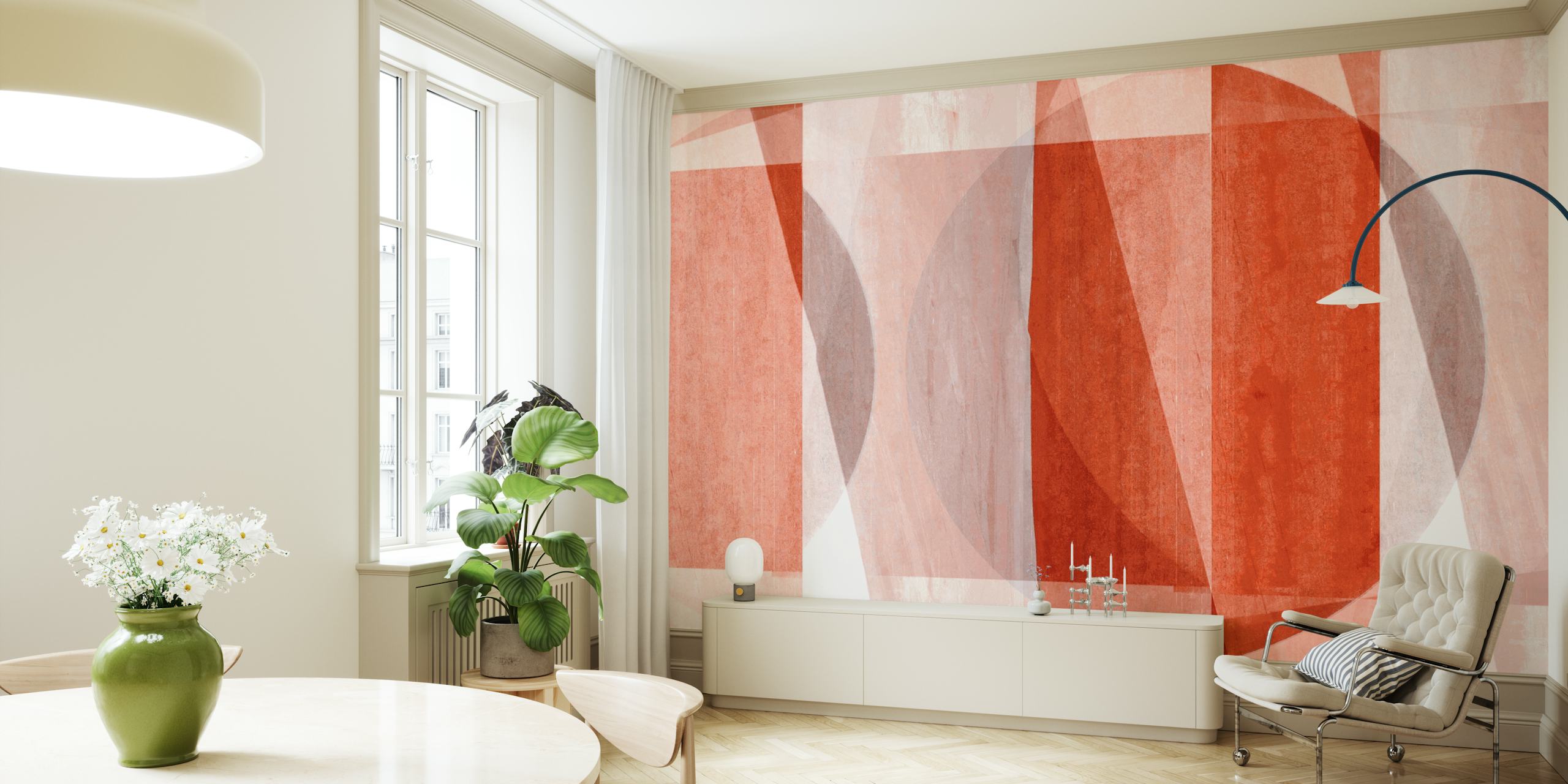 Warme Bauhaus Art geometrische muurschildering in rode tinten